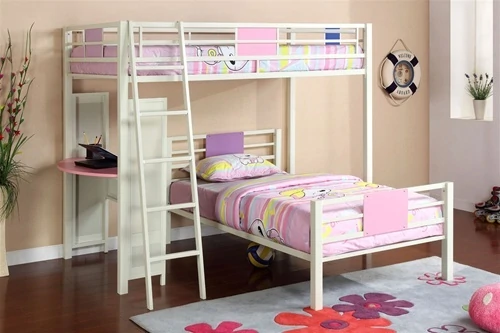 Aprodz Lucas Twin Loft Metal And Solid Wood Bunk Bed With Work Station (Metal - White And Pink)