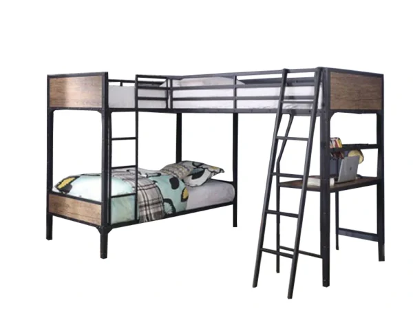 Aprodz Ellison L-Shaped 3-Person Twin Loft Mango Wood And Metal Bunk Bed (Metal - Black and Light Oak)