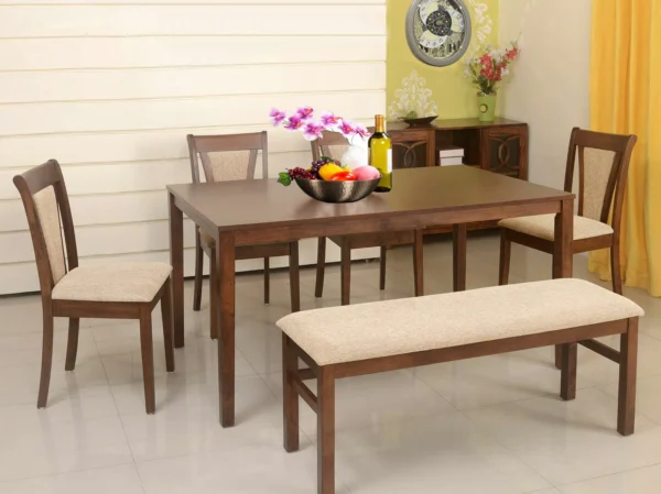 Raveen Solid Wood Dining Table Set | 6-Seater With Aprodz Bench | Cushioned Seats